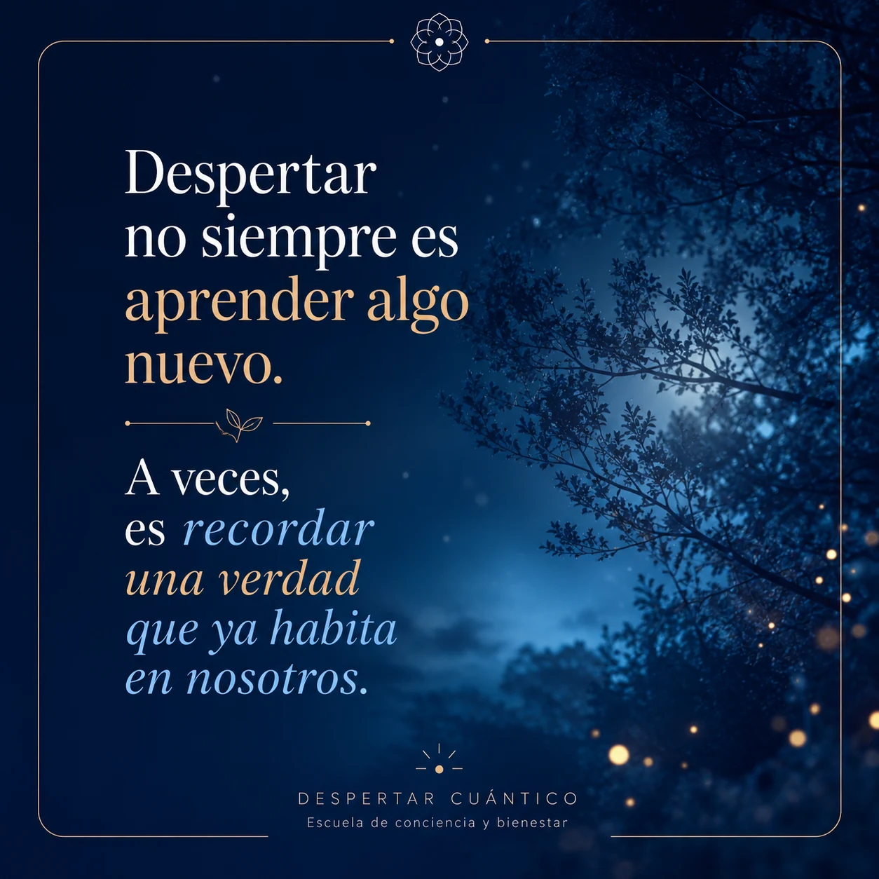 Ramas de un árbol bajo un cielo nocturno con la frase: despertar no siempre es aprender algo nuevo, a veces es recordar una verdad que ya habita en nosotros